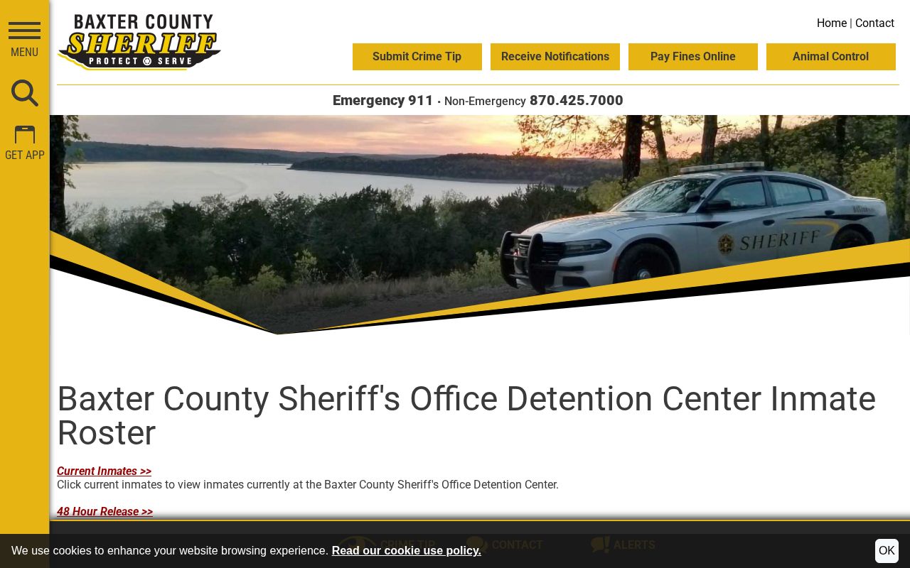 Baxter County inmate roster landing page with current and release choices