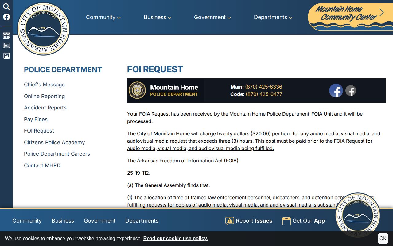 Mountain Home Arkansas FOI request page for arrest and incident records