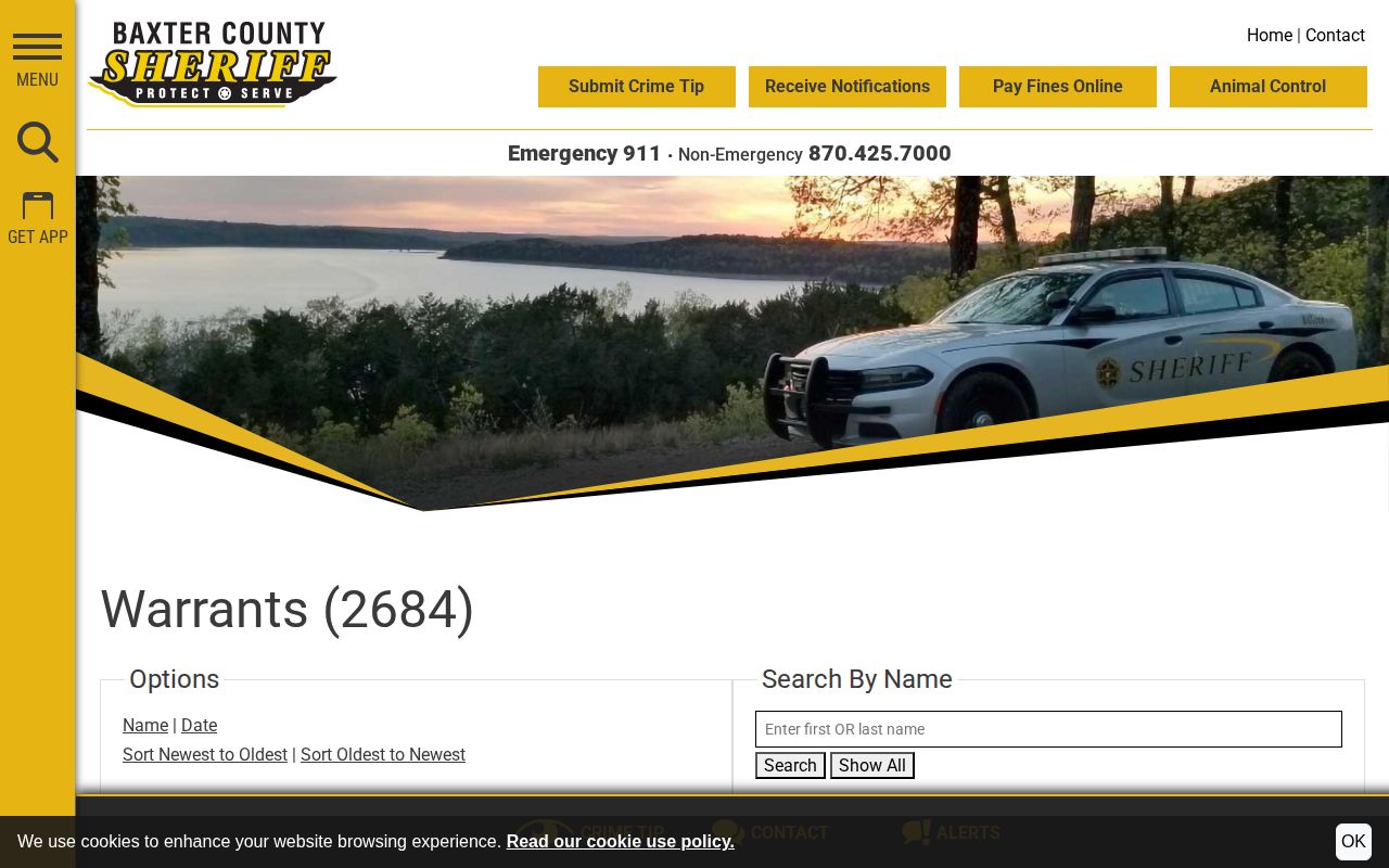 Official Baxter County Sheriff warrant search controls